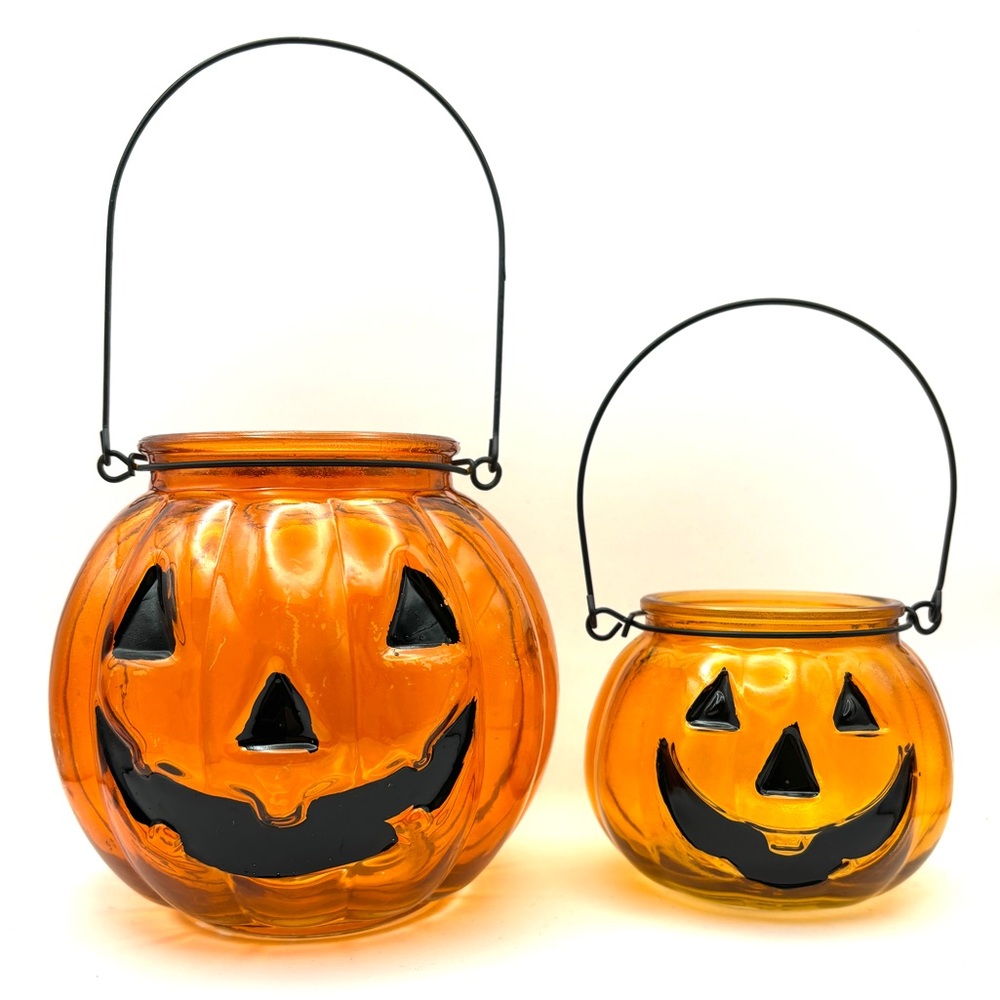 🎃🎃 Pair of Glass Jack-o-lantern Hanging Candleholders 🎃🎃